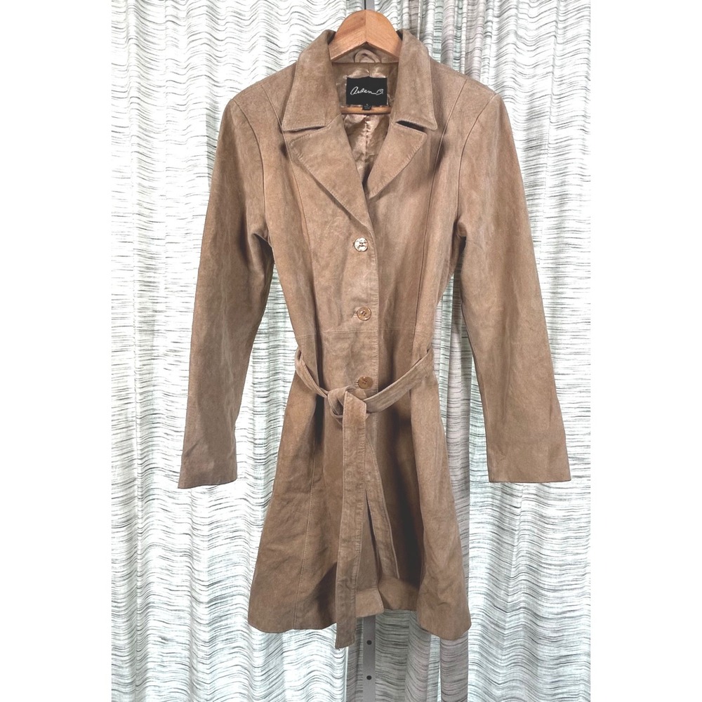 Arden B Trench Coat Tan Women Large Suede Leather Belted EUC Y2K 70's Festival